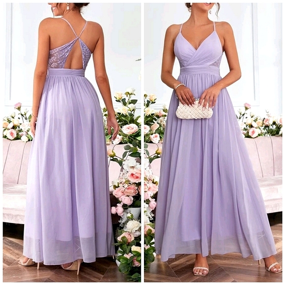 New Flowy Lace Chiffon Backless Maxi Dress Lilac Lavender Purple - Picture 1 of 8